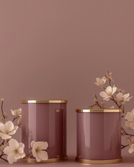 Mockup podium display scene with two cylindrical podiums with gold trim style, a mauve flower, showcase on pedestal display mauve studio. for cosmetic and product display