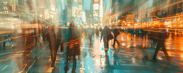 Poster - business people walking transparently in a cityscape, with slight motion blur and ultra overexposure