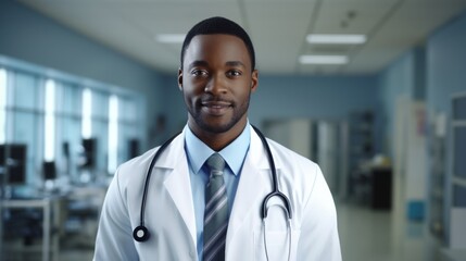 Wall Mural - African American doctor in hospital. Black handsome doc face portrait