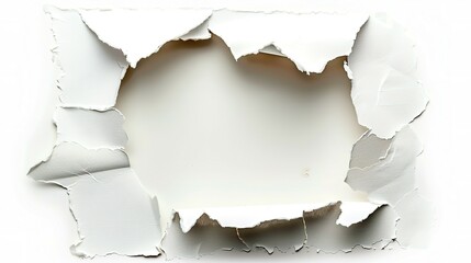 Wall Mural - Paper hole with torn edges design template. Royalty high-quality free stock image of elongated torn paper fragments isolated on white background, hole in the sheet of torn paper fragments overlay