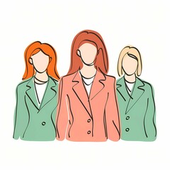 pastel colored minimalist illustration of group of business women, front view. White background.