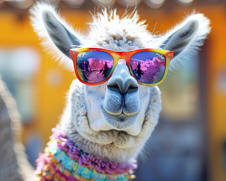 Funny closeup of a llama in colorful sunglasses a playful take on animal humor and style