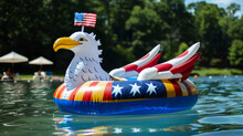 Inflatable Pool Toys Such As An Eagle Or Uncle Sam Bobbing In The Water As Families Cool Off On A Hot July Day.