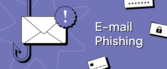 Poster - E-mail phishing - receive mobile fraud alerts, and stay vigilant against scam notifications. Defend against spam, Trojan viruses and online threats. Vector isolated illustration on violet background