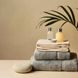 Spa and wellness composition with towels and beauty products. Wellness center, hotel, bodycare