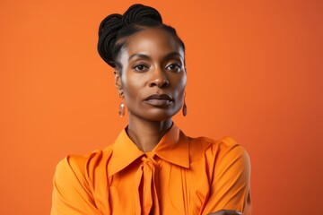 Portrait of young african american woman in orange shirt on orange background