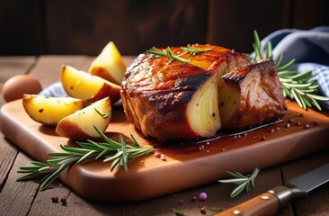 Wall Mural - Roasted meat, potatoes with rosemary on wooden board for Easter