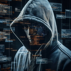 Wall Mural - Anonymous hacker with hood with programming codes and symbols, hacking computer system