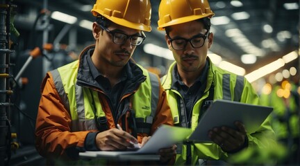 Poster - Two men in hard hats and safety vests are looking at a tablet. Generative AI.