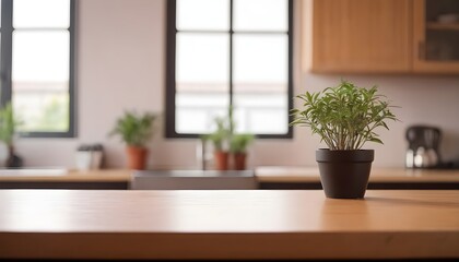 empty clean table in front of kitchen, modern interior design	
