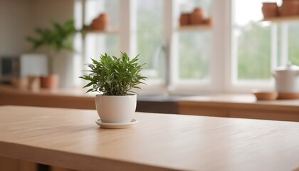 empty clean table in front of kitchen, modern interior design	
