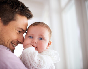 Wall Mural - Love, father and baby with portrait in home for bonding, comfort or playing together for healthy development. Family, man and adorable child with smile, embrace and relax for parenting or mockup