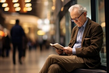 Sticker - An elderly man sitting on a bench reading a book. Generative AI.