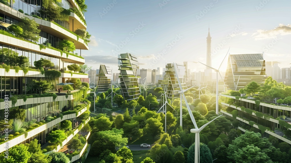 Modern city landscape with wind turbines and solar panels. Green city ...