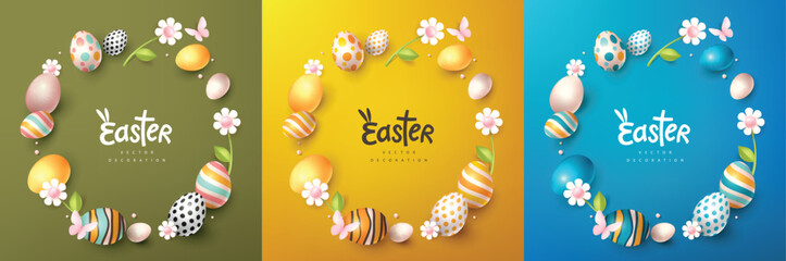 Wall Mural - easter card with easter eggs frame and spring flowers on colorful background and calligraphy of east