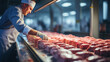 Above view of meat industry worker gathering packaged premium meat on a conveyor belt in factory.