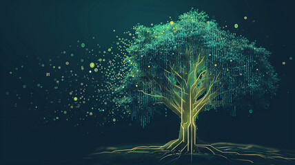 Wall Mural - Futuristic tree with digital circuitry for branches, blending nature with technology, AI Generative.