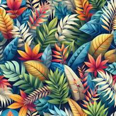  pattern with colorful leaves.  vector, wallpaper, leaf, floral, illustration, flower, design, nature, texture, decoration, leaves, art, decor, ornament, spring, plant, Ai generated 