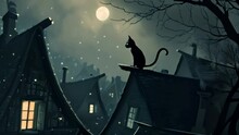 A Solitary Black Cat Under The Haunting Glow Of A Full Moon In The Still, Dark Night