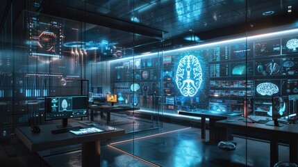 Wall Mural - The lab studies the modern brain and tracks EEG readings and the activity of brain models. Futuristic holographic interface 