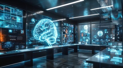 Wall Mural - The lab studies the modern brain and tracks EEG readings and the activity of brain models. Futuristic holographic interface 