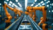 Orange industrial robot arm assembles EV battery packs on the automatic production line. Advanced robot arm in automotive factory assembles batteries