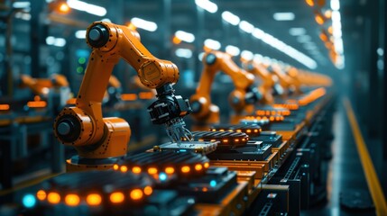 Wall Mural - Orange industrial robot arm assembles EV battery packs on the automatic production line. Advanced robot arm in automotive factory assembles batteries