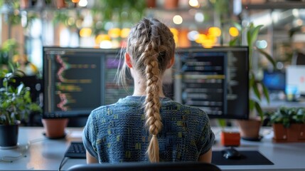 Wall Mural - Rear view of female programmer sitting at desk while working with computer in start up office.