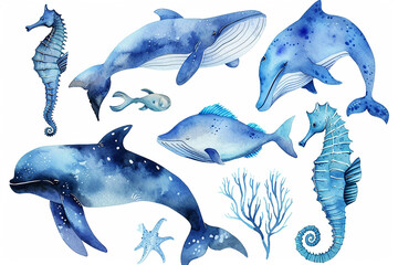Wall Mural - Set of watercolor marine illustrations with sea animals and abstract elements of sea animals. Blue watercolor ocean fish, Medusa, whale, seahorse illustration