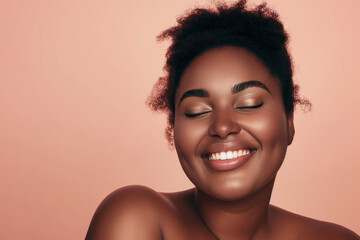 beautiful, plus size black woman looking happy, full body view, perfect skin, studio shot, peach light color background 