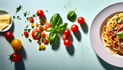 Wall Mural - Food knolling, table of food, spaghetti, salad, tomato, leaves, ketchup