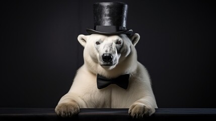 Wall Mural - Polar bear in top hat and bow tie isolated on black background