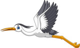 Fototapeta  - Cartoon cute white stork flyimg on white background
