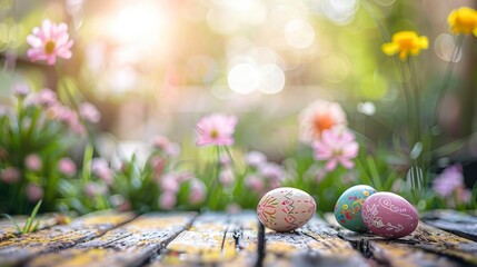 Wall Mural - Empty table background with defocused easter theme in background.