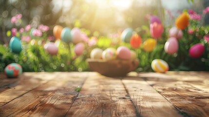 Wall Mural - Empty table background with defocused easter theme in background.