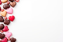 Red And Pink Heart Chocolate Border On White Background. Space For Text. Valentine's Day Concept
