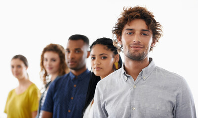 Aufkleber - Smile, confident and team of business people in studio with collaboration, unity or diversity. Happy, pride and portrait of professional group of young creative designers isolated by white background