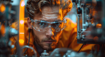 Wall Mural - Focused male scientist examining equipment through safety glasses in a laboratory setting.