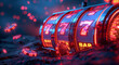 Futuristic slot machine reels with glowing 777 jackpot, surrounded by digital particles, on a dark background.