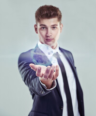 Poster - Business, man and world hologram for future, digital age and connect with technology. Internet, communication and online advantage of web globalisation, network and accessibility on grey background