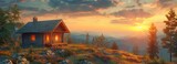 Fototapeta  - Wilderness with a lone wooden cottage at dusk on a slope