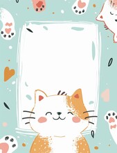 Children Scrapbook With Page, White Blank Space In The Middle, Cute Cat Drawings And Paw Prints On The Border, Cute Design.