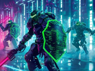 Cyber knights wielding encryption shields battling dark malware forces in a neon lit digital realm
