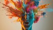 Head exploding with vivid colors symbolizing a burst of creativity in 3D clean visualization