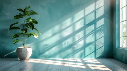 Wall Mural - Refreshing mint interior with geometric sunlight and shadows. Empty wall mockup.