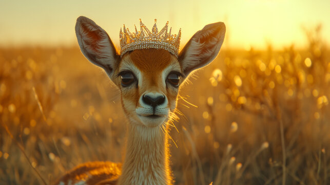 Glamorous gazelle in a sequined dress, wearing a sparkling tiara, against a shimmering desert backdrop, lit with twilight hues, exuding grace and elegance