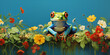 frog sits on a tree stump with butterflies