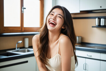キッチンで前向きに微笑む美しいロングヘアの日本人女性