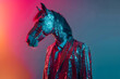 Anthropomorphic Horse Model in Sequin Mask and Metallic Outfit on Monochrome Backdrop - High Fashion Studio Shot
