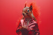 Anthropomorphic Squirrel Model in Sequin Mask and Metallic Outfit on Monochrome Backdrop - High Fashion Studio Shot